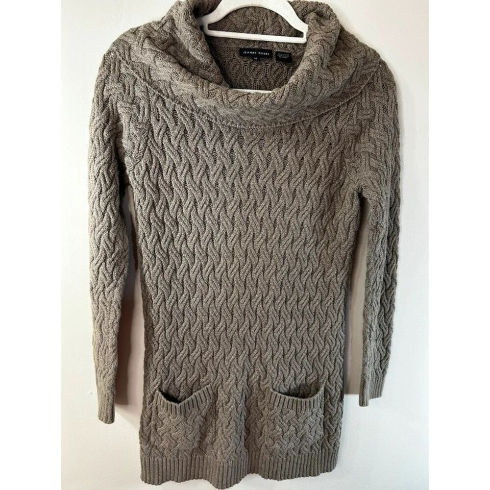 Jeanne Pierre Women's M Beige 100% Cotton Cable-Knit Cowl Neck Pullover Pockets